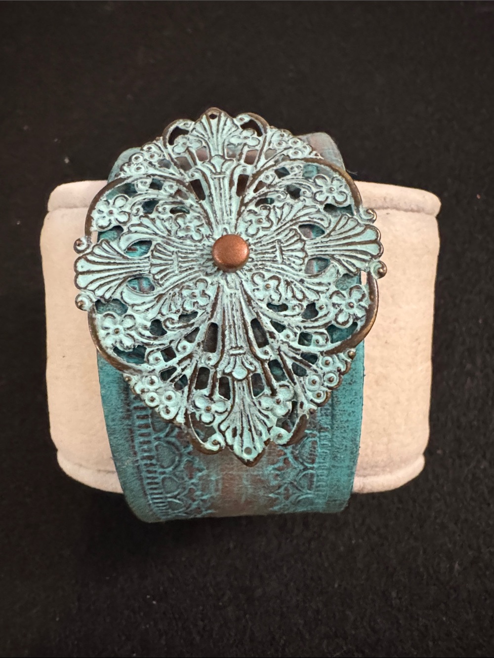 Turquoise Floral Filigree Leather Cuff Bracelet - Unbranded